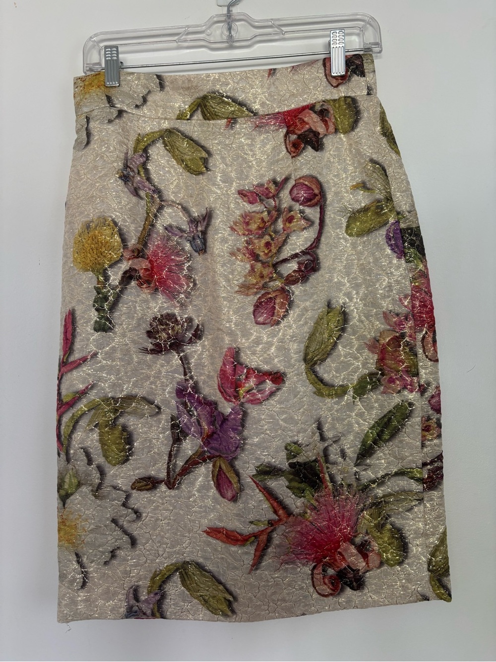 Escada Cream Floral Metallic Pencil Skirt